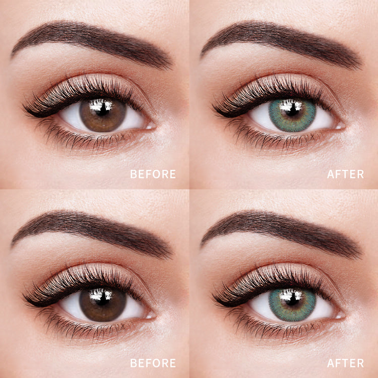 The before and after comparison of wearing Ocean Blue Contact Lenses.